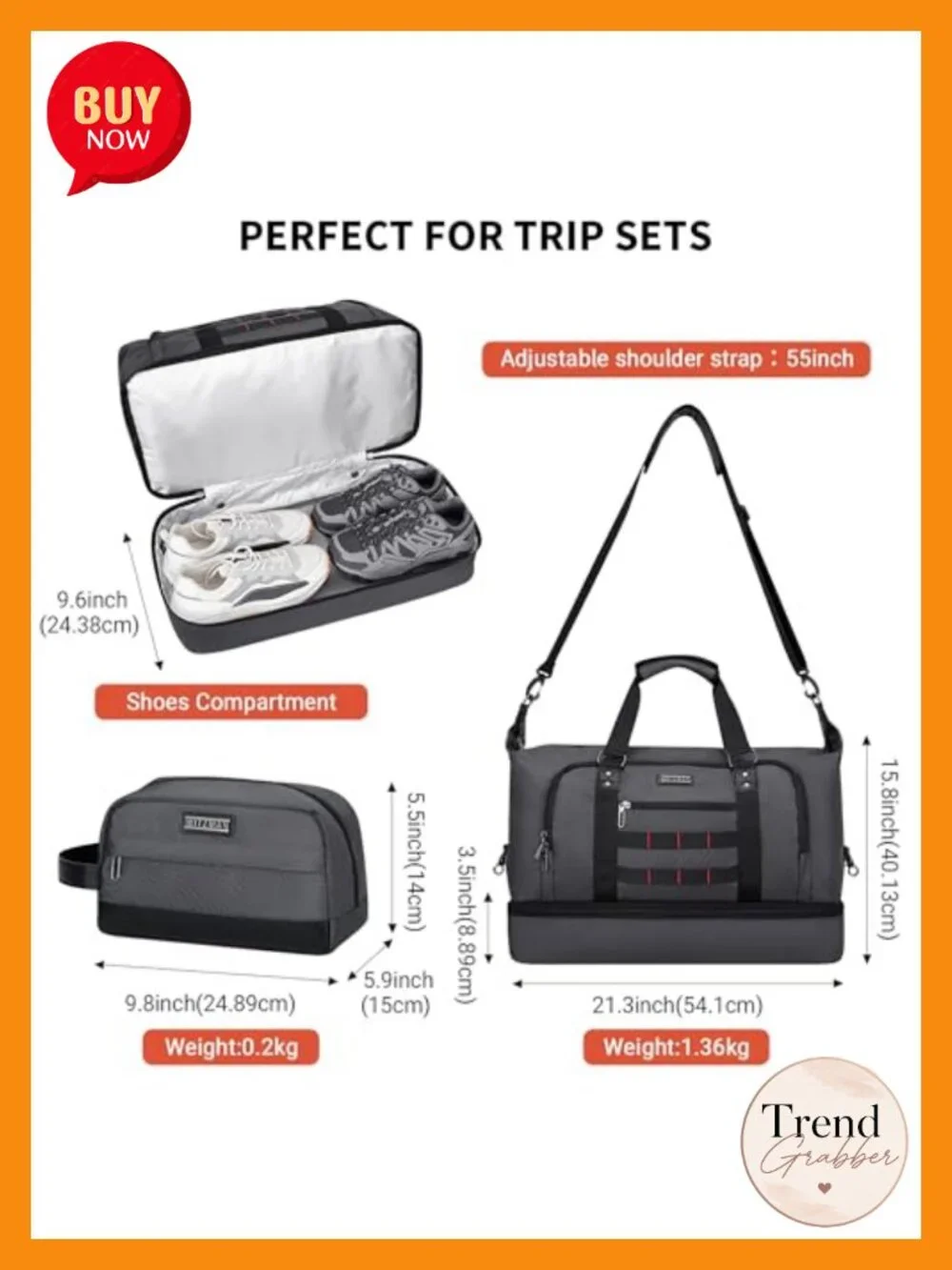 Nylon Duffel Bag with Toiletry Bag Set 55L Carry On Weekender Luggage